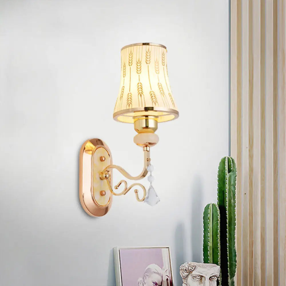 Modern Gold Finish Wall Lamp With Arc Wheat Patterned Glass