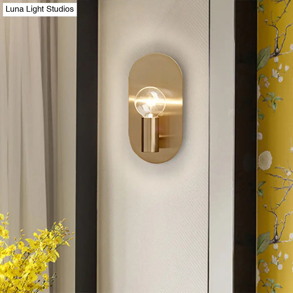 Modern Gold Finish Wall Sconce With Exposed Bulb Design And Oval Backplate