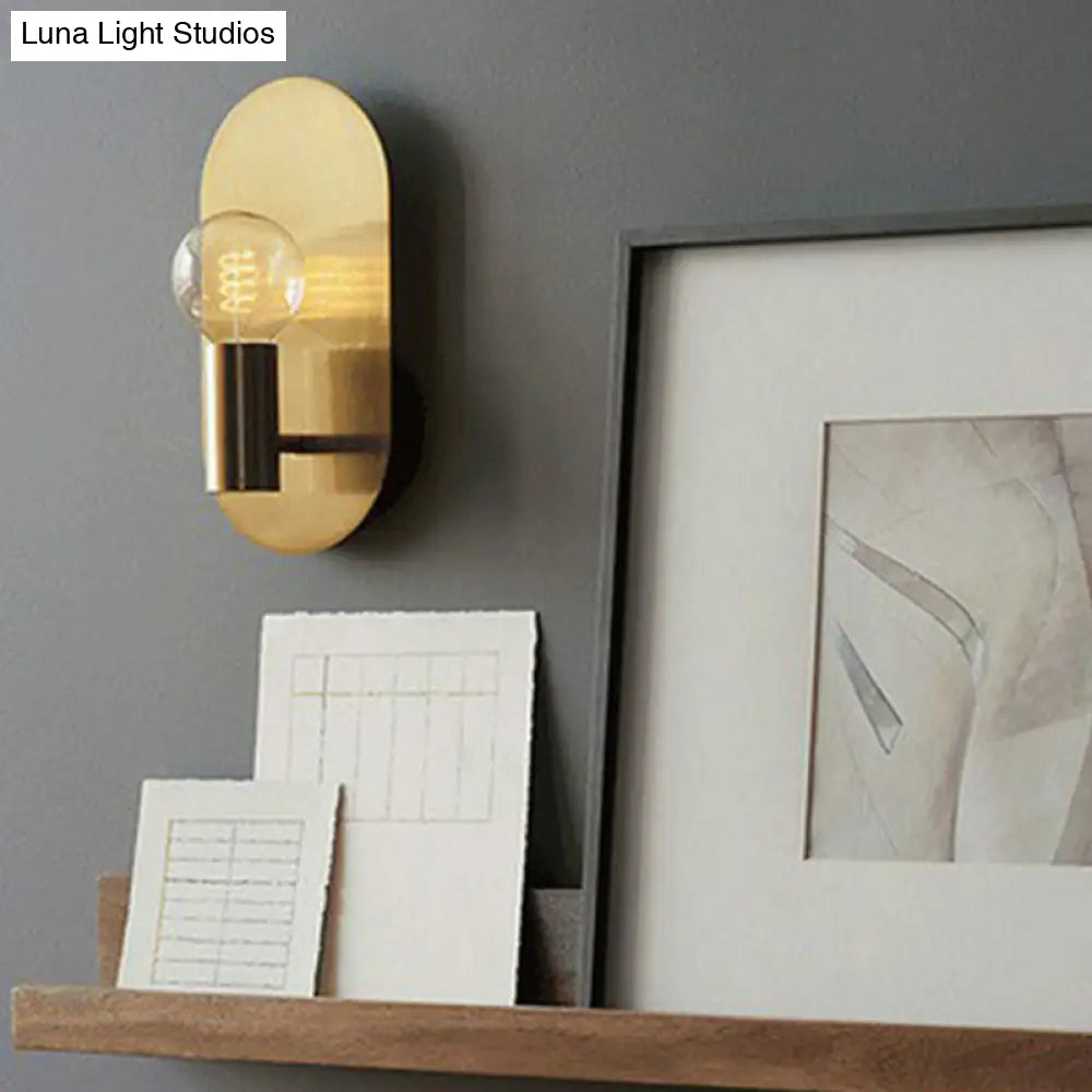 Modern Gold Finish Wall Sconce With Exposed Bulb Design And Oval Backplate