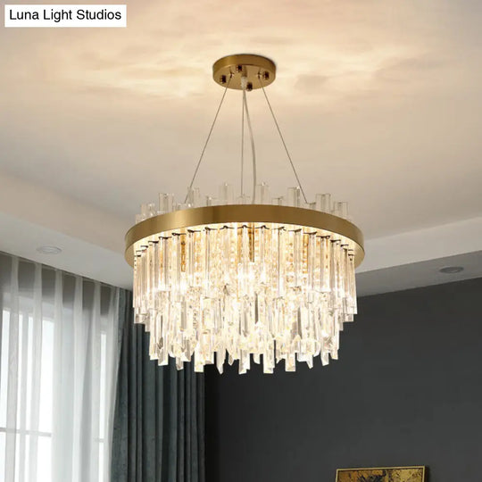 Contemporary Gold Finish Ceiling Chandelier With Clear Crystal Blocks And 6 Bulb Drum Light