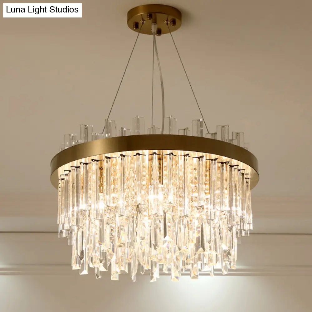 Contemporary Gold Finish Ceiling Chandelier With Clear Crystal Blocks And 6 Bulb Drum Light