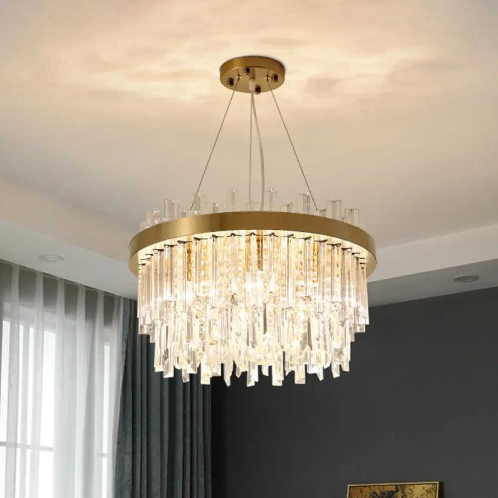 Modern Gold Finished Crystal Drum Ceiling Lamp With 6 Bulbs - Contemporary Chandelier Light Clear