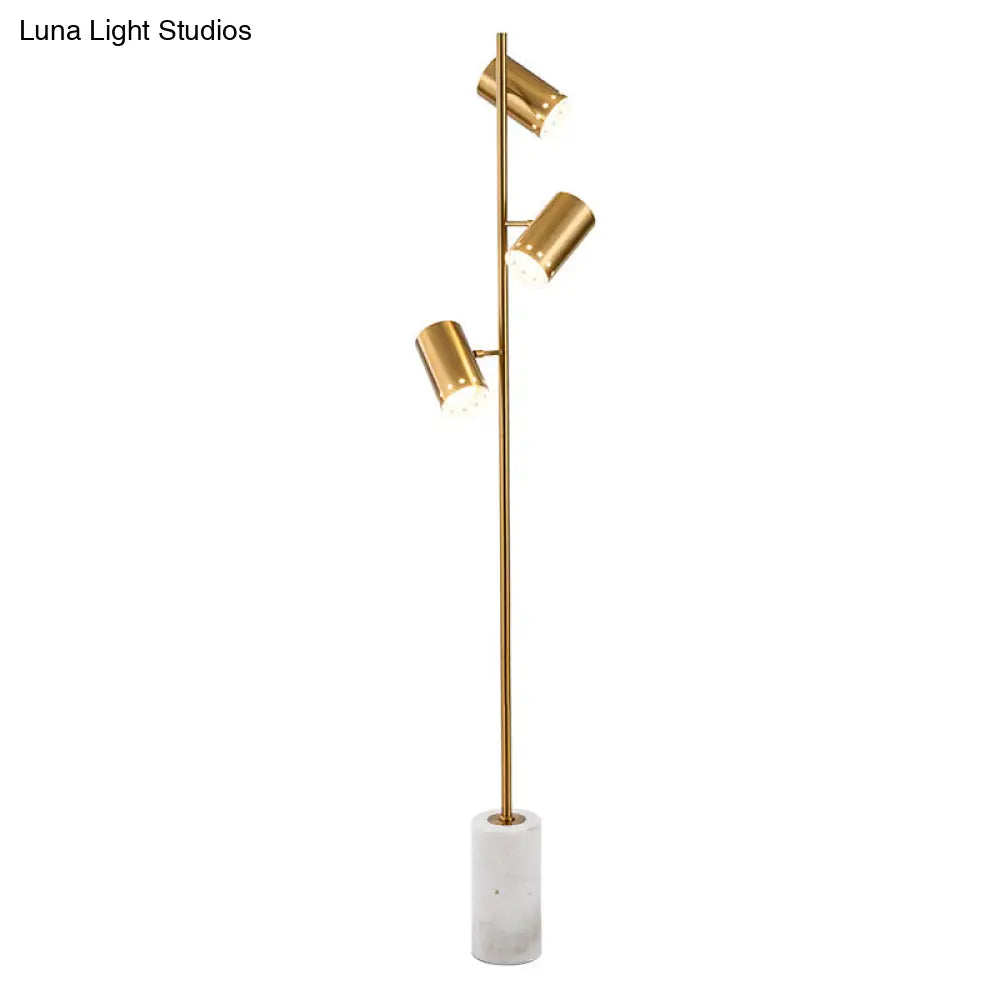 Modern Gold Floor Lamp With Marble Base - Cylindrical Metallic Stand Up Lighting