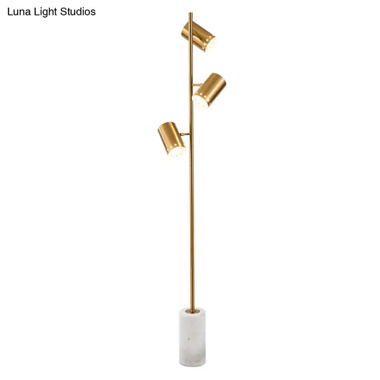 Modern Gold Floor Lamp With Marble Base - Cylindrical Metallic Stand Up Lighting