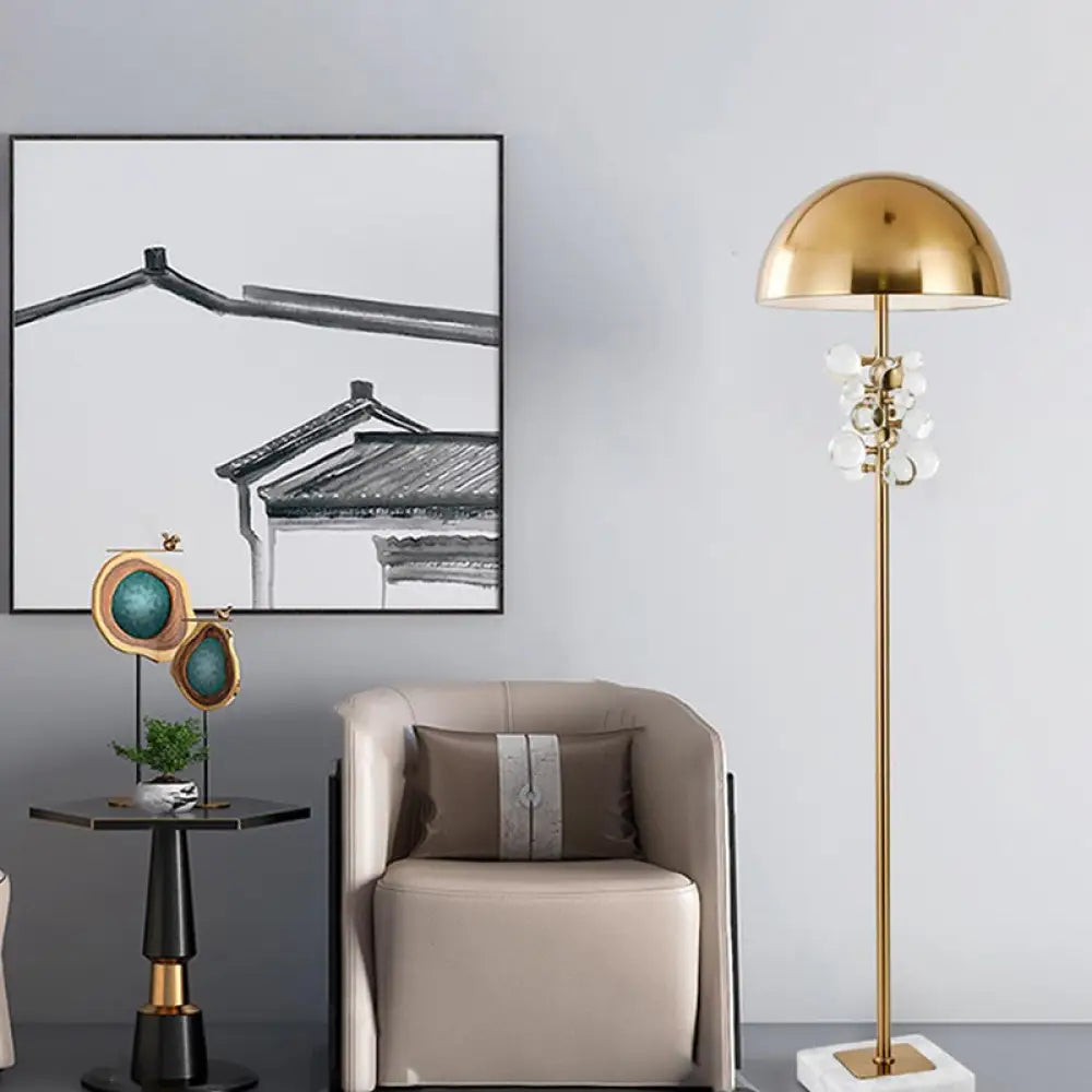 Modern Gold Floor Lamp With Metallic Domed Shape And Crystal Drip Accents