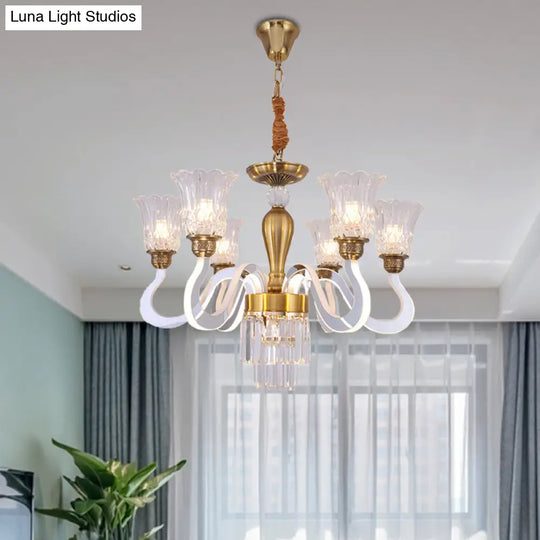 Modern Gold Floral Chandelier With Crystal Accents - 6 Bulb Pendant Lamp For Bedroom