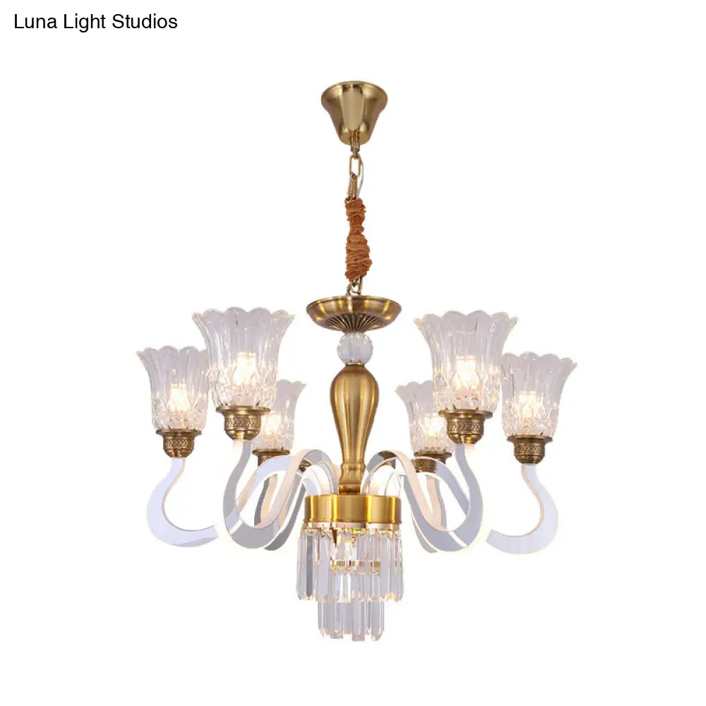 Modern Gold Floral Chandelier With Crystal Accents - 6 Bulb Pendant Lamp For Bedroom