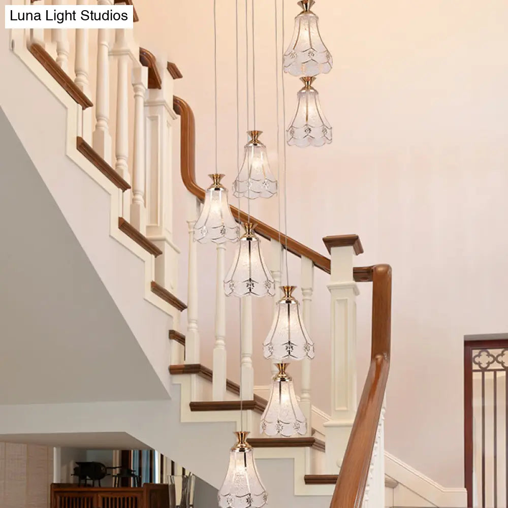 Modern Gold Floral Glass Suspension Light - 8 Bulb Stair Multi Ceiling Lamp