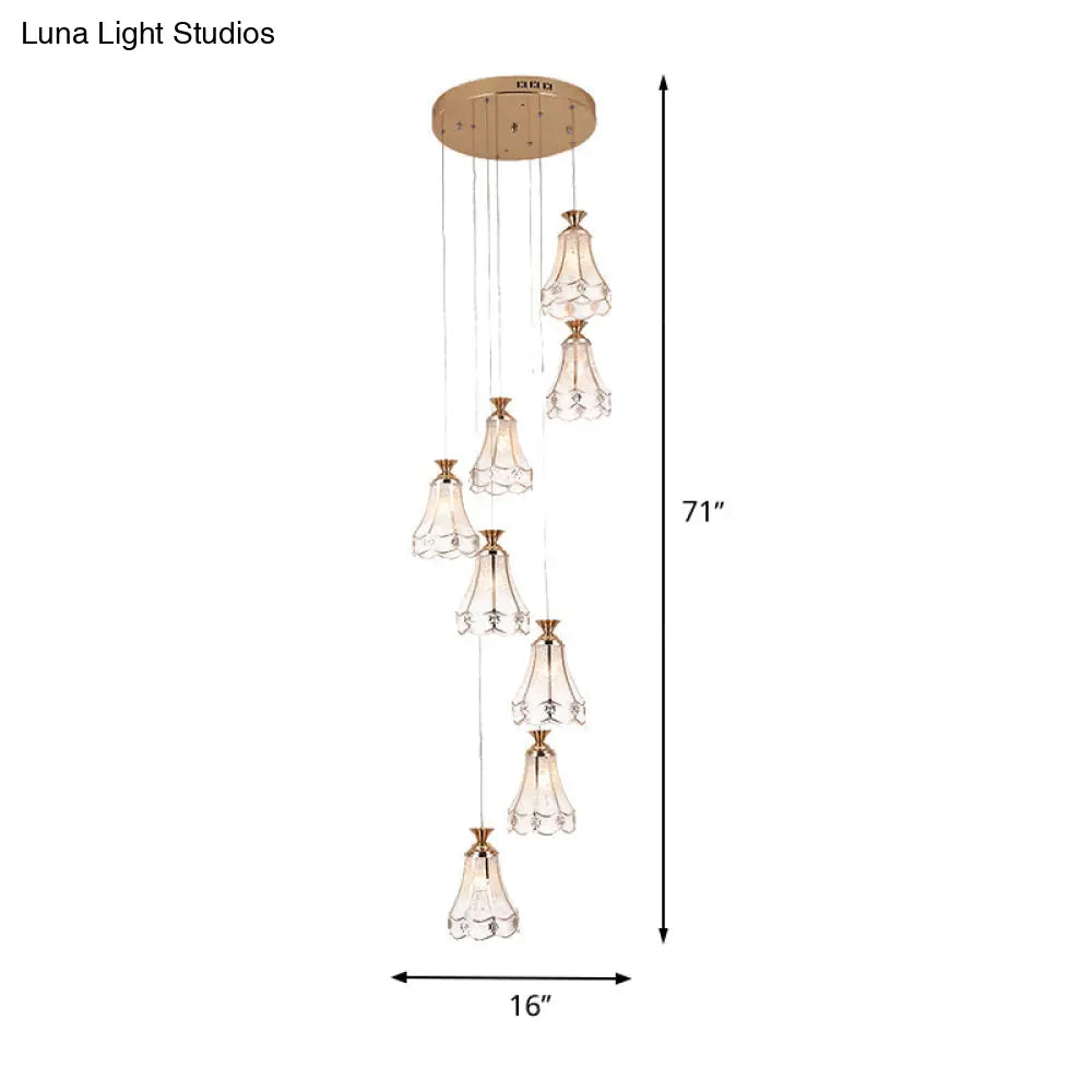 Modern Gold Floral Glass Suspension Light - 8 Bulb Stair Multi Ceiling Lamp