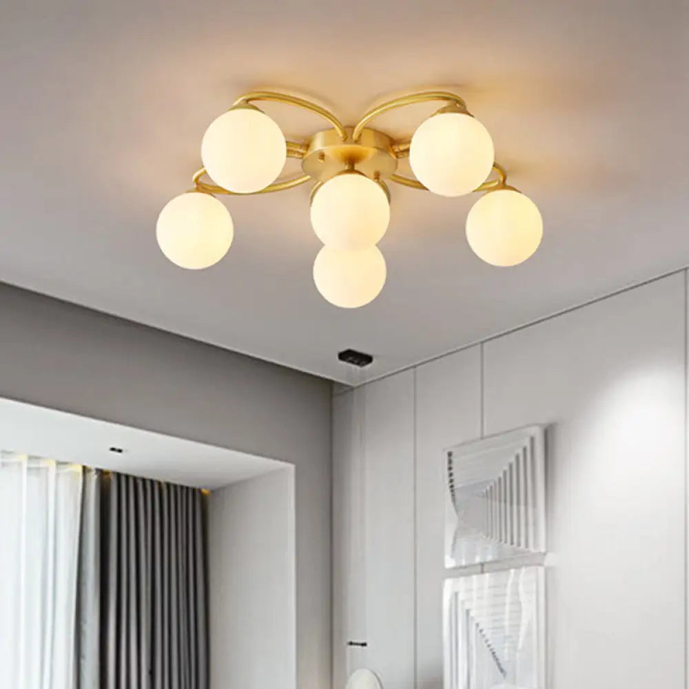 Modern Gold Flower Design 6-Head Orb Bedroom Semi Flush Ceiling Lamp With Opal Glass