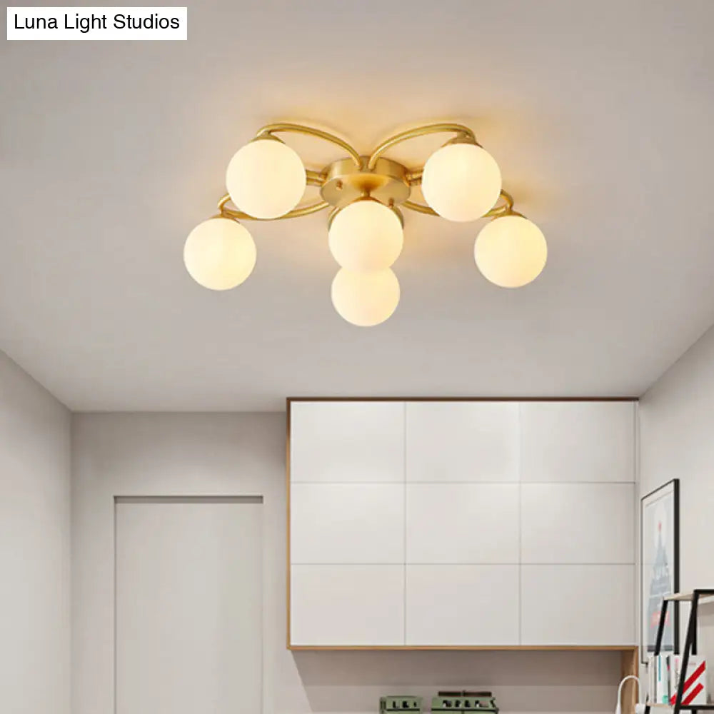 Modern Gold Flower Design 6-Head Orb Bedroom Semi Flush Ceiling Lamp With Opal Glass