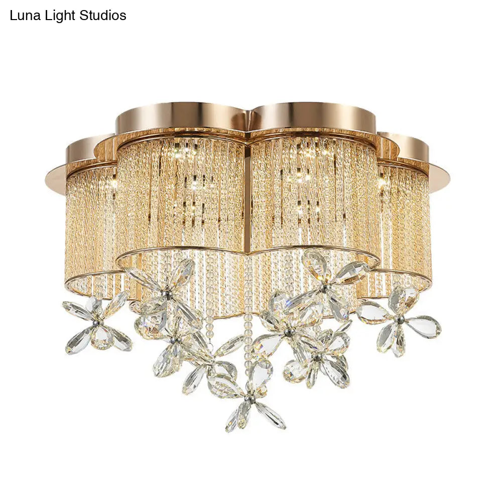 Modern Gold Flower Shade Flushmount Led Pendant Light With Clear Crystal Accents 19.5/23.5 Wide