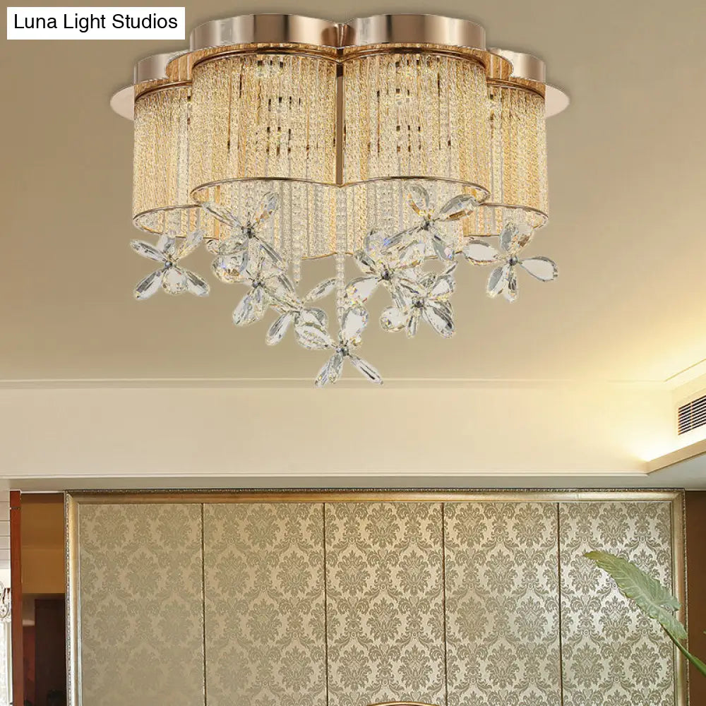 Modern Gold Flower Shade Flushmount Led Pendant Light With Clear Crystal Accents 19.5/23.5 Wide