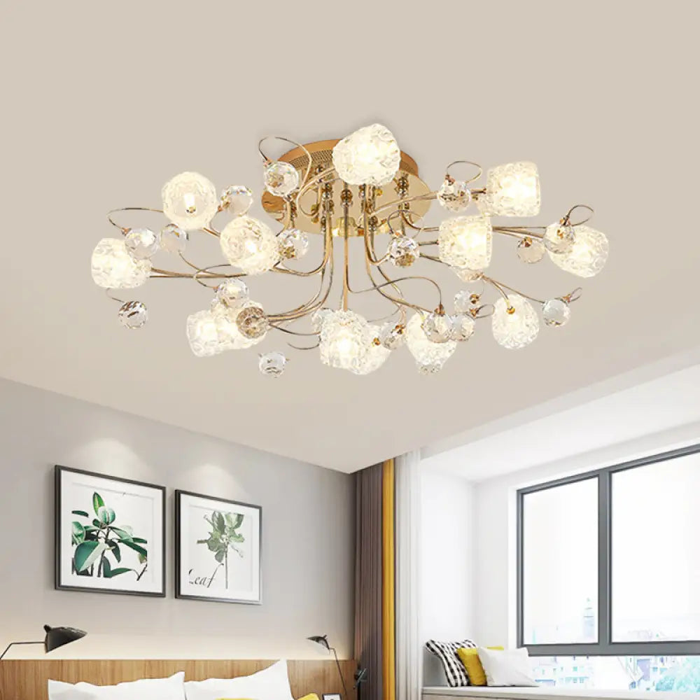 Modern Gold Flowerbud Ceiling Lamp With Bubble Glass - 13 - Light Semi Flush Chandelier