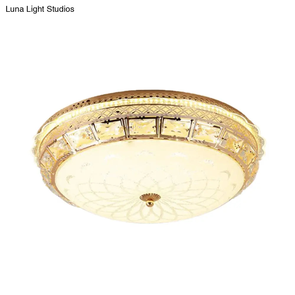 Modern Gold Flush Led Ceiling Light With Crystal Accents Dome White Glass Shade - Ideal For Bedroom