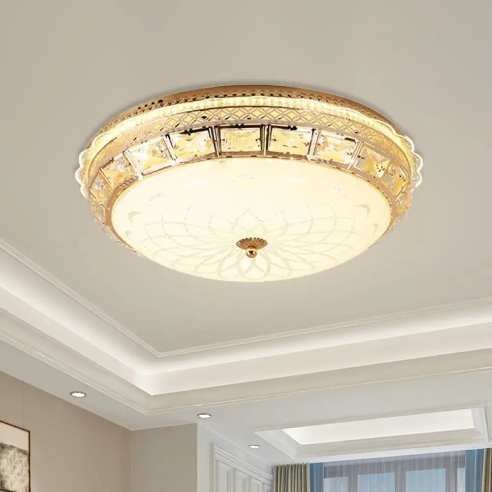 Modern Gold Flush Led Ceiling Light With Crystal Accents Dome White Glass Shade - Ideal For Bedroom