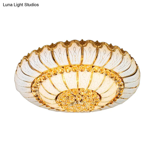 Modern Gold Flush Mount Ceiling Light With K9 Crystal Accents - 10/19-Lights Glass Shade