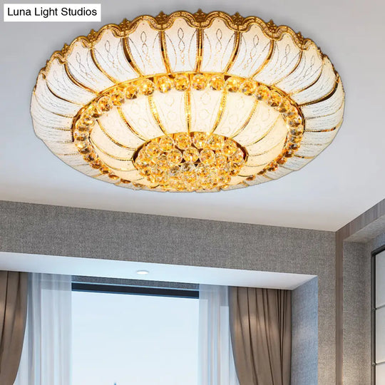 Modern Gold Flush Mount Ceiling Light With K9 Crystal Accents - 10/19-Lights Glass Shade