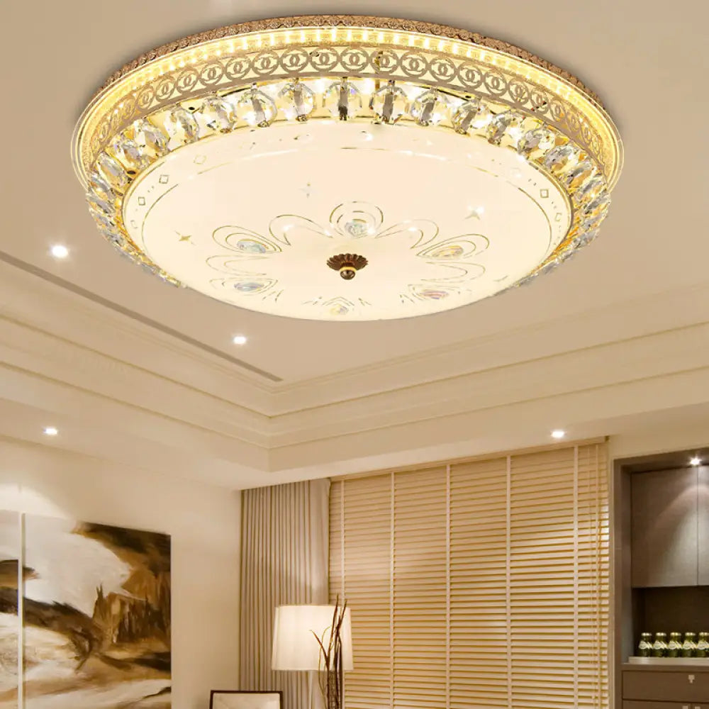 Modern Gold Flush Mount Ceiling Light With Opal Glass Led And Crystal Accent - 16’/19.5’ W