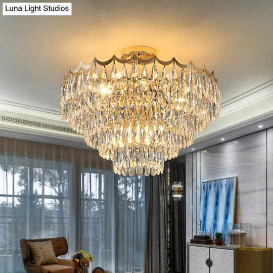 Modern Gold Flush Mount Chandelier With Clear Crystal Drops - 9-Bulb Bedroom Ceiling Lighting