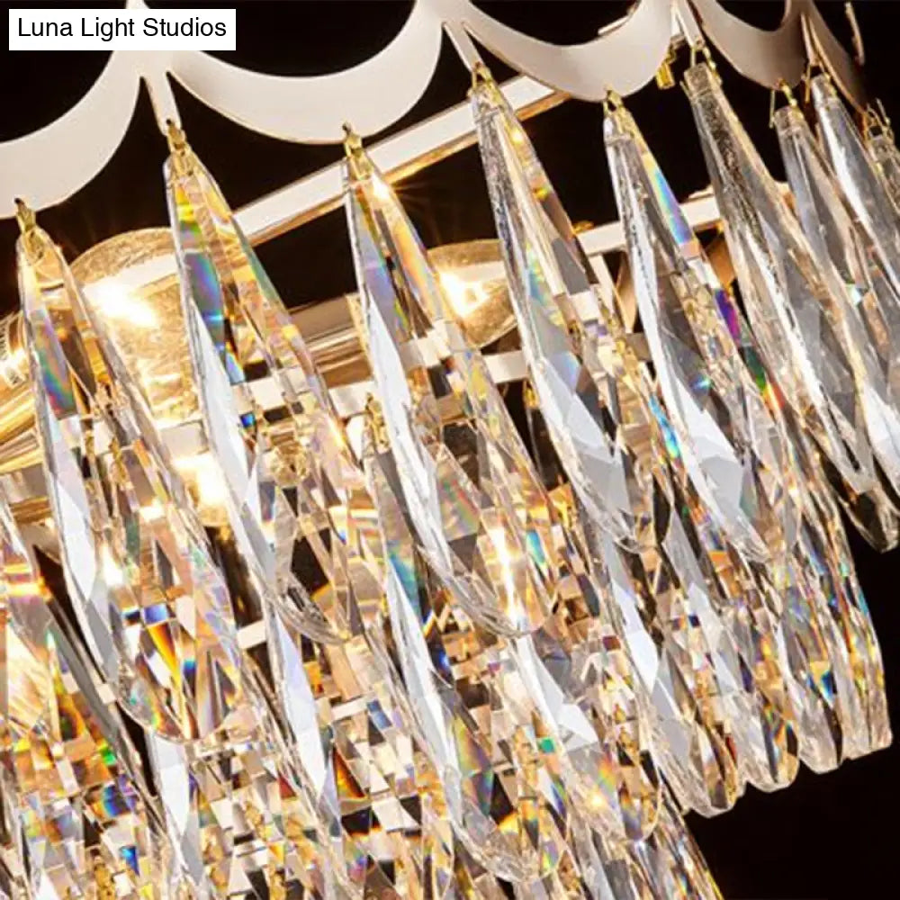 Modern Gold Flush Mount Chandelier With Clear Crystal Drops - 9-Bulb Bedroom Ceiling Lighting