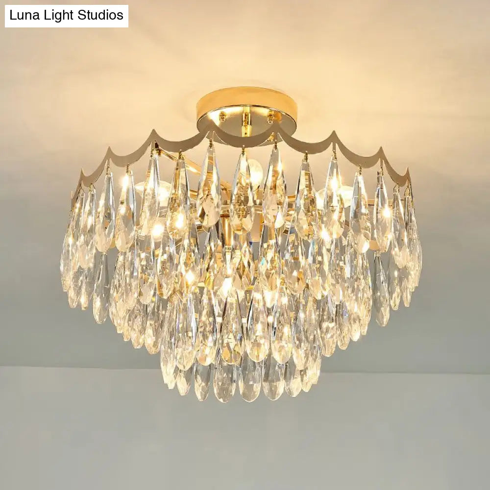 Modern Gold Flush Mount Chandelier With Clear Crystal Drops - 9-Bulb Bedroom Ceiling Lighting