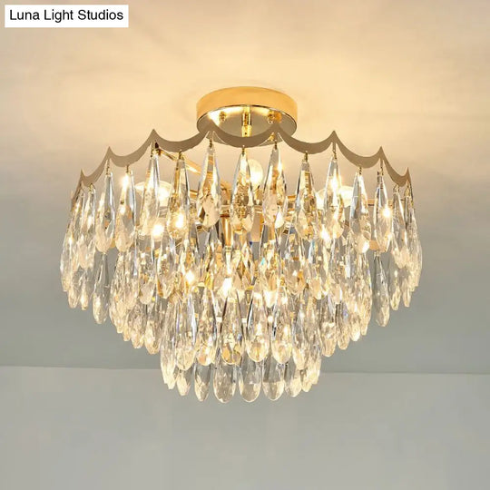 Modern Gold Flush Mount Chandelier With Clear Crystal Drops - 9-Bulb Bedroom Ceiling Lighting