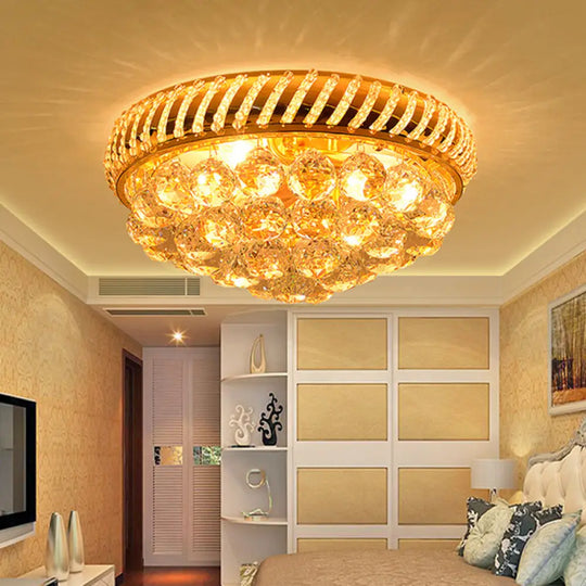 Modern Gold Flush Mount Chandelier With Crystal Ball & Round Shade - 14’/18’ W 3/4/5 Heads / 14’