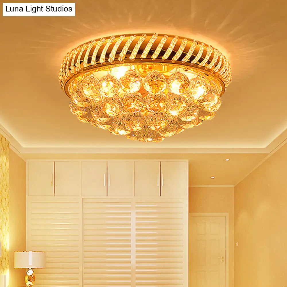 Modern Gold Flush Mount Chandelier With Crystal Ball & Round Shade - 14/18 W 3/4/5 Heads / 18