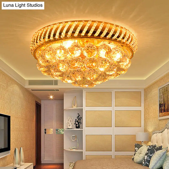 Modern Gold Flush Mount Chandelier With Crystal Ball & Round Shade - 14/18 W 3/4/5 Heads / 14