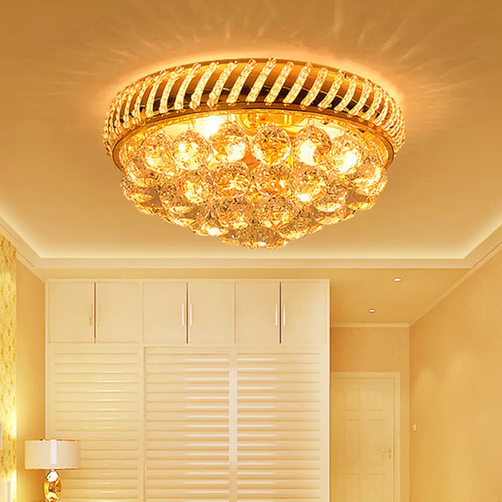 Modern Gold Flush Mount Chandelier With Crystal Ball & Round Shade - 14’/18’ W 3/4/5 Heads / 18’
