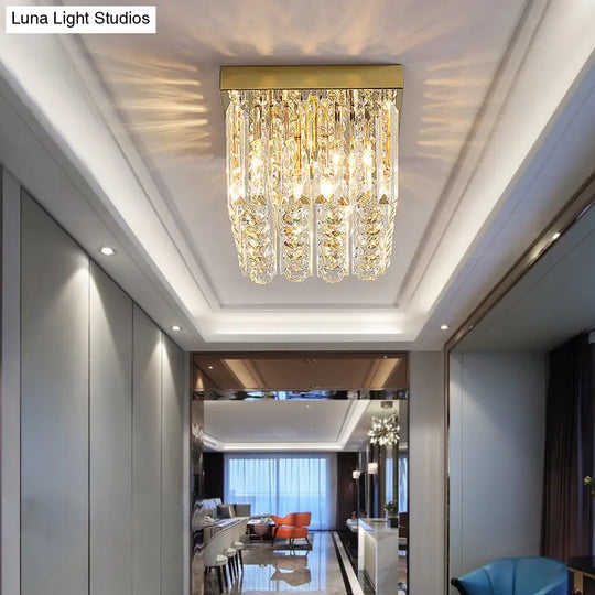 Modern Gold Flush Mount Light With Crystal Block Shade - 2 Lights Rectangle Ceiling Design