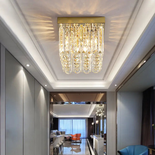 Modern Gold Flush Mount Light With Crystal Block Shade - 2 Lights Rectangle Ceiling Design