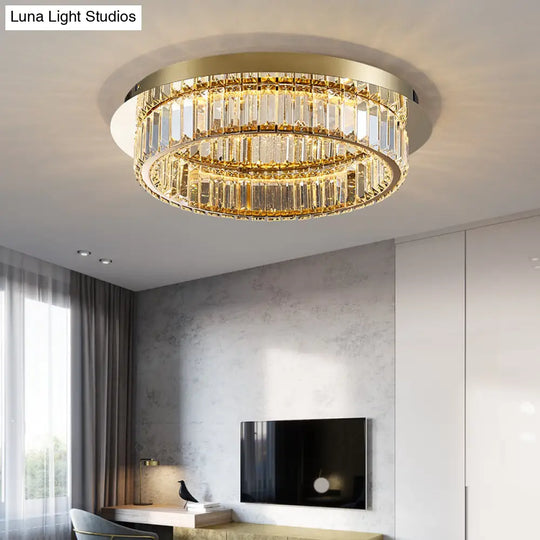 Modern Gold Flushmount Ceiling Light For Bedroom With Prismatic K9 Crystal And Circle Design