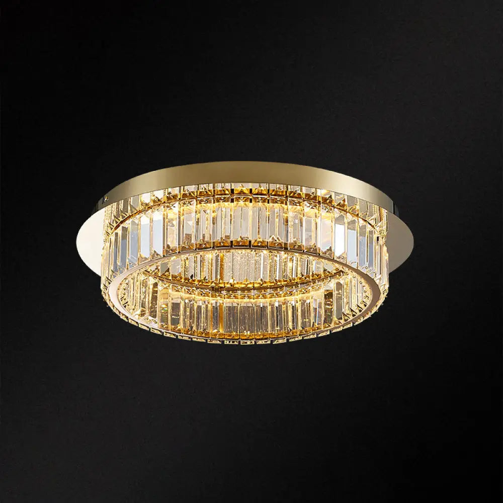 Modern Gold Flushmount Ceiling Light For Bedroom With Prismatic K9 Crystal And Circle Design Brass