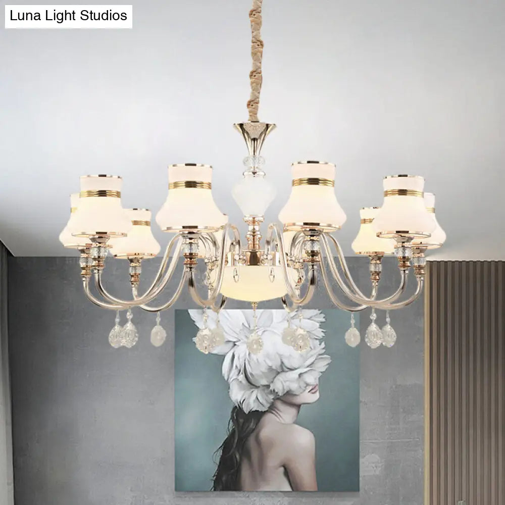 Modern Gold Frosted Glass Pendant Chandelier With Crystal Draping - 10-Light Flared Ceiling Lamp