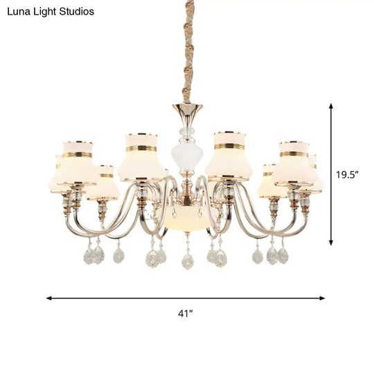 Modern Gold Frosted Glass Pendant Lamp With Crystal Draping - 10-Light Flared Ceiling Chandelier