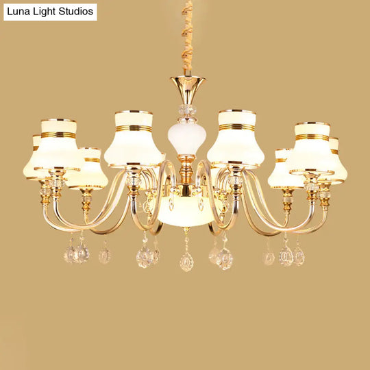 Modern Gold Frosted Glass Pendant Lamp With Crystal Draping - 10-Light Flared Ceiling Chandelier