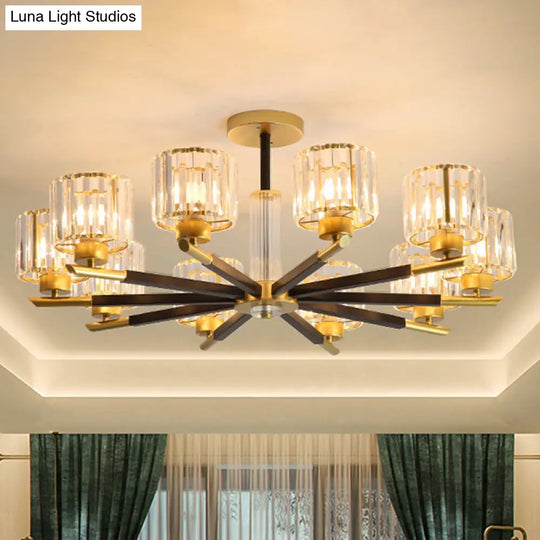 Modern Gold Glass Ceiling Chandelier For Living Room - Ribbed Cylinder Design