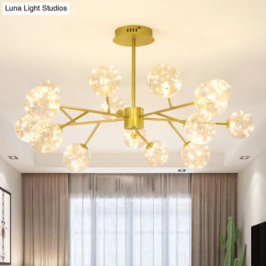 Gold Spherical Ceiling Chandelier - Modern Style With Clear Glass & Led Starry Pendant Light Kit