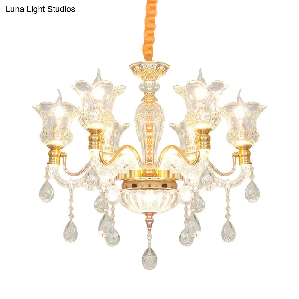 Modern Gold Glass Ceiling Lamp With Crystal Drop - Blossom 6-Bulb Chandelier For Bedroom