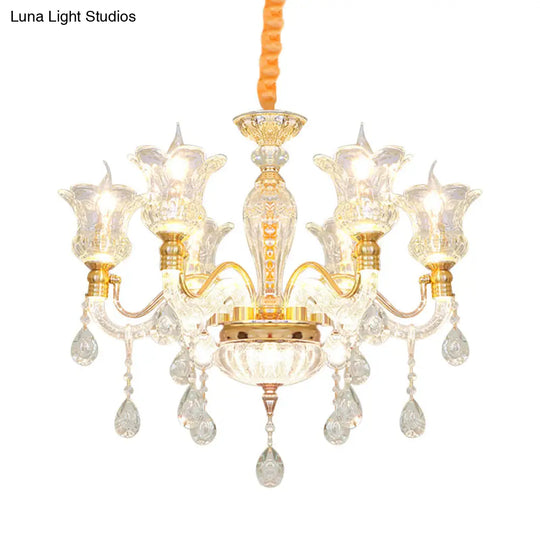 Modern Gold Glass Ceiling Lamp With Crystal Drop - Blossom 6-Bulb Chandelier For Bedroom