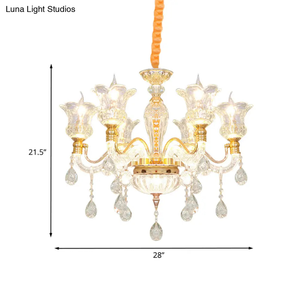 Modern Gold Glass Ceiling Lamp With Crystal Drop - Blossom 6-Bulb Chandelier For Bedroom