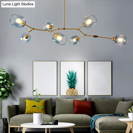 Postmodern Dimpled Glass 7-Light Gold Branch Chandelier - Adjustable And Ideal For Parlor Blue