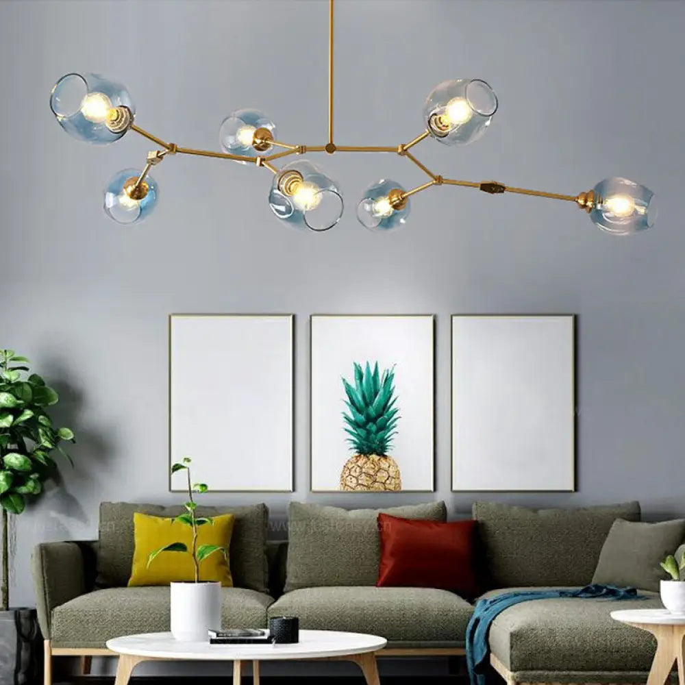 Modern Gold Glass Chandelier: Adjustable Branch 7-Light Hanging Fixture For Parlor Blue