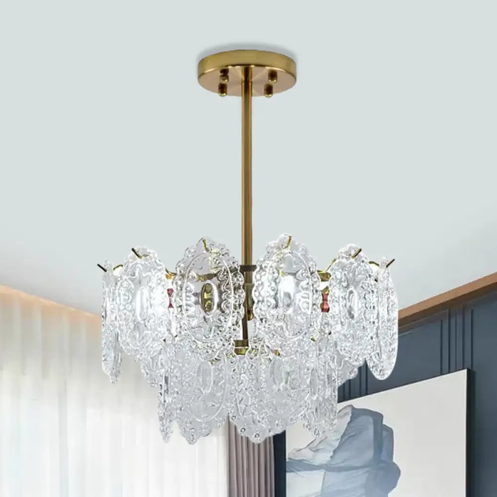 Modern Gold Glass Chandelier: Layered Scalloped Design 4/6 Clear Bulbs Hanging Bedroom Light