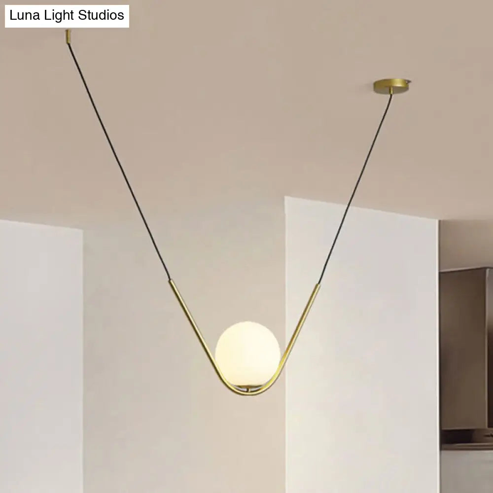 Modern Gold Glass Pendant Light With Led And V-Shaped Rod For Dining Room