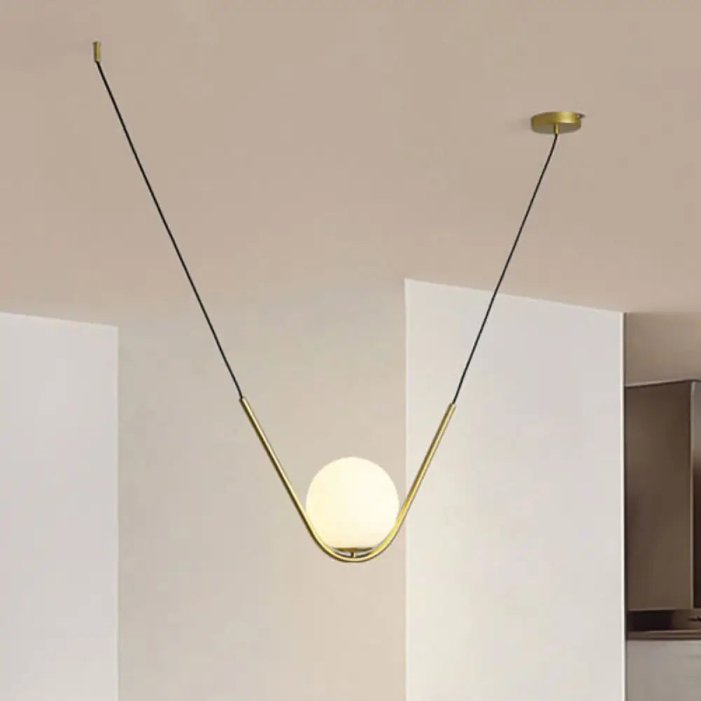 Modern Gold Glass Pendant Light With Led V-Shaped Rod For Dining Room