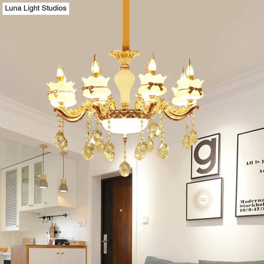 Modern Gold Glass Scalloped Chandelier With Crystal Drop – 6/8-Head Pendant For Restaurants