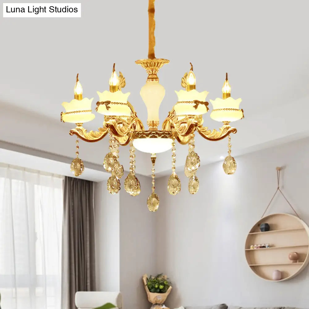 Modern Gold Glass Scalloped Chandelier With Crystal Drop – 6/8-Head Pendant For Restaurants